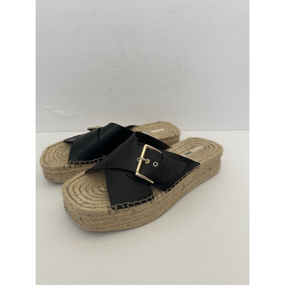 ZARA Faux Leather Black Jute Flatforms Platforms Espadrille Sandals Women's 9.5 - Picture 1 of 6